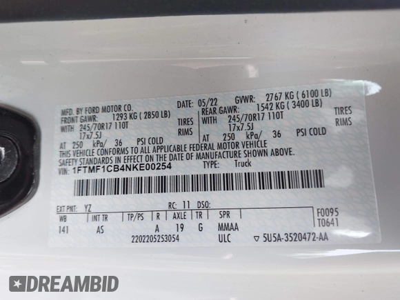 2022 Ford F-150 XL z VIN 1FTMF1CB4NKE00254, wystawiony jako IAAI lot #42334773 z przebiegiem 42 423 mil mil oraz . Historia ofert i sprzedaży dostępna na DreamBid. Obrazek 9.