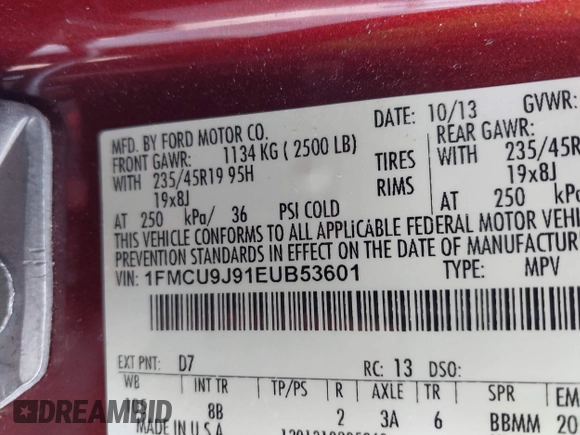 2014 Ford Escape Titanium with VIN 1FMCU9J91EUB53601, listed as a IAAI auction lot 42066465 with 105,933 mi miles and . Bid and sale history available at DreamBid. Image 9.