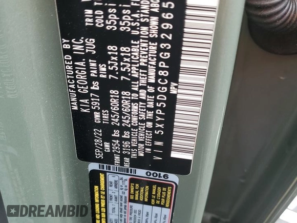 2023 Kia Telluride SX X-Pro с VIN 5XYP5DGC8PG329654, выставлен на аукционе Copart как лот 62067625 с пробегом 38 629 миль миль и Списание • Salvage title. История ставок и продаж доступна на DreamBid. Изображение 13.