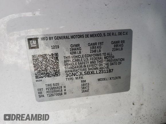2020 Chevrolet Trax LT with VIN 3GNCJLSBXLL231187, listed as a Copart auction lot 54651745 with 53,903 mi miles and Non repairable. Bid and sale history available at DreamBid. Image 13.