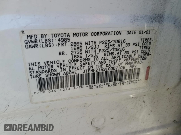 2001 Toyota Highlander z VIN JTEHF21A310007106, wystawiony jako Copart lot #58853505 z przebiegiem 211 158 mil mil oraz Czysty tytuł • Clean title. Historia ofert i sprzedaży dostępna na DreamBid. Obrazek 13.