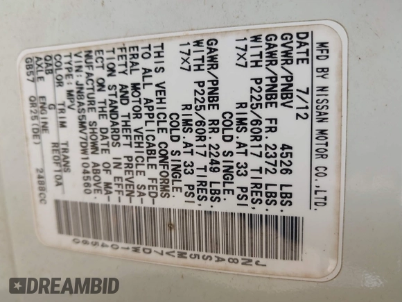 2013 Nissan Rogue S with VIN JN8AS5MV7DW104560, listed as a IAAI auction lot 41792395 with 104,201 mi miles and . Bid and sale history available at DreamBid. Image 9.