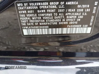 2019 Volkswagen Passat 2.0T Wolfsburg Edition with VIN 1VWLA7A33KC003355, listed as a IAAI auction lot 41545733 with 95,801 mi miles. Bid and sale history available at carsss.com. Image 9.
