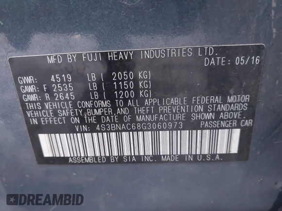 2016 Subaru Legacy 2.5i Premium with VIN 4S3BNAC68G3060973, listed as a IAAI auction lot 41199136 with 71,433 mi miles. Bid and sale history available at carsss.com. Image 9.