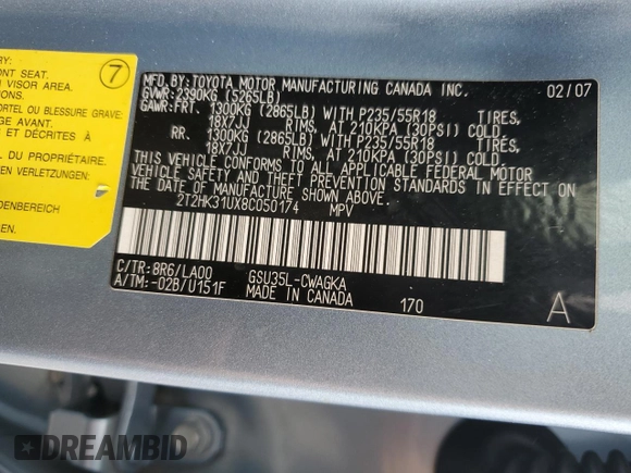 2008 Lexus RX 350 with VIN 2T2HK31UX8C050174, listed as a Copart auction lot 57179335 with 229,346 mi miles and Clean Title. Bid and sale history available at DreamBid. Image 14.