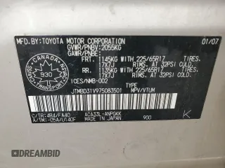 2007 Toyota RAV4 Limited с VIN JTMBD31V975083501, выставлен на аукционе Copart как лот 56335395 с пробегом 357 491 миль миль и Списание • Salvage title. История ставок и продаж доступна на DreamBid. Изображение 13.