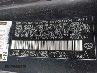 2011 Lexus IS 350 C with VIN JTHFE2C28B2505195, listed as a IAAI auction lot 42598472 with 167,989 mi miles and . Bid and sale history available at DreamBid. Image 9.