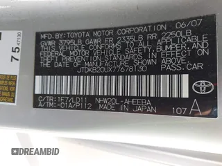 2007 Toyota Prius with VIN JTDKB20UX77678130, listed as a IAAI auction lot 42209219 with 151,285 mi miles and . Bid and sale history available at DreamBid. Image 9.