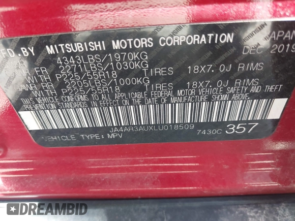2020 Mitsubishi Outlander ES with VIN JA4AR3AUXLU018509, listed as a IAAI auction lot 42094236 with 90,415 mi miles and . Bid and sale history available at DreamBid. Image 9.