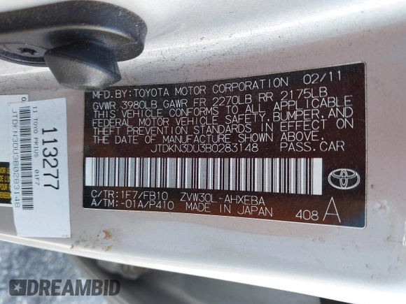 2011 Toyota Prius I with VIN JTDKN3DU3B0283148, listed as a IAAI auction lot 41745665 with 166,688 mi miles. Bid and sale history available at carsss.com. Image 9.
