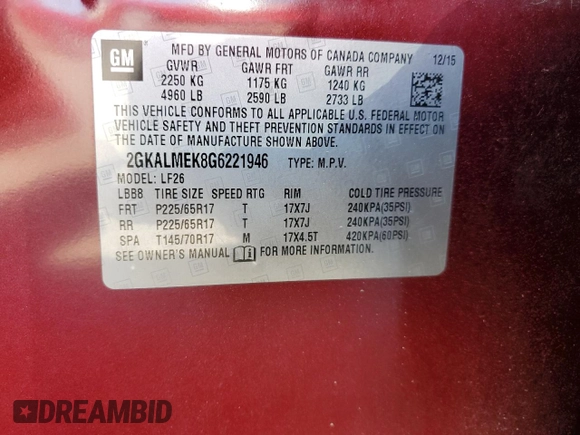 2016 GMC Terrain SLE with VIN 2GKALMEK8G6221946, listed as a Copart auction lot 50097275 with 149,102 mi miles and Salvage Title. Bid and sale history available at DreamBid. Image 12.