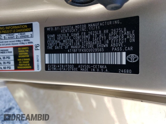 2012 Toyota Camry L with VIN 4T1BF1FK6CU029565, listed as a Copart auction lot 51684965 with 337,591 mi miles and Salvage Title. Bid and sale history available at carsss.com. Image 12.