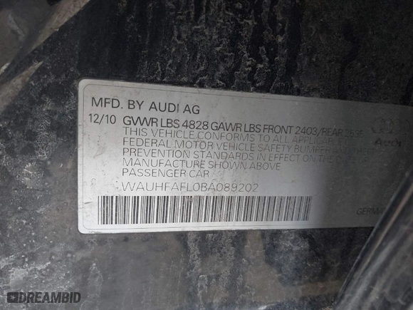 2011 Audi A4 2.0T Premium Plus with VIN WAUHFAFL0BA089202, listed as a IAAI auction lot 41597394 with NaN miles. Bid and sale history available at carsss.com. Image 9.