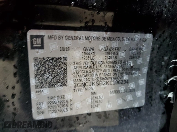 2019 Chevrolet Trax LS with VIN 3GNCJKSB2KL196234, listed as a Copart auction lot 51243465 with 133,754 mi miles and Salvage Title. Bid and sale history available at carsss.com. Image 13.