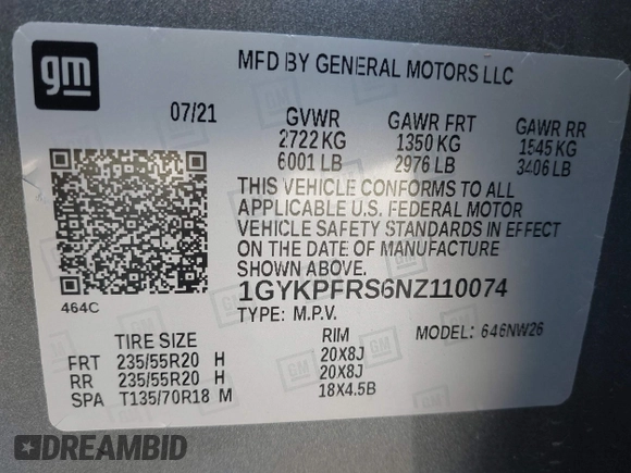 2022 Cadillac XT6 Premium Luxury with VIN 1GYKPFRS6NZ110074, listed as a IAAI auction lot 42060276 with 43,760 mi miles. Bid and sale history available at carsss.com. Image 9.