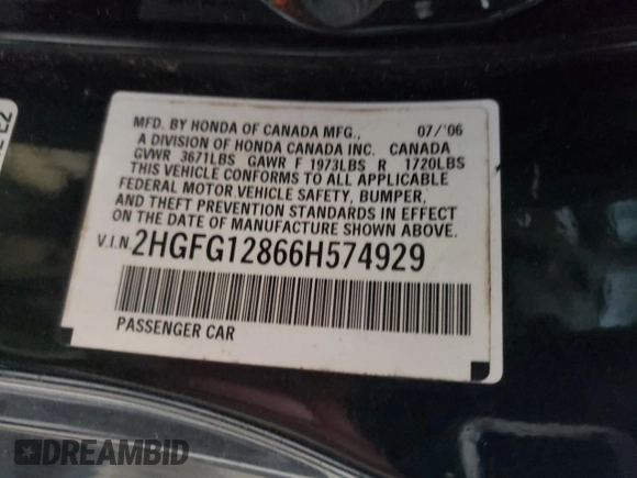 2006 Honda Civic Cpe EX with VIN 2HGFG12866H574929, listed as a Copart auction lot 53510655 with 187,006 mi miles and Salvage Title. Bid and sale history available at carsss.com. Image 13.