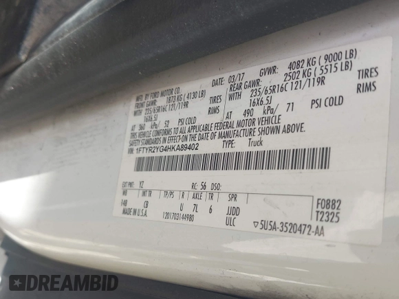 2017 Ford Transit with VIN 1FTYR2YG4HKA89402, listed as a IAAI auction lot 42495678 with 121,603 mi miles and . Bid and sale history available at DreamBid. Image 9.