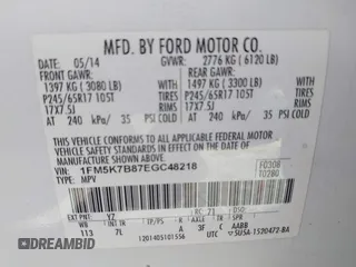 2014 Ford Explorer with VIN 1FM5K7B87EGC48218, listed as a IAAI auction lot 42152367 with 106,602 mi miles and . Bid and sale history available at DreamBid. Image 9.
