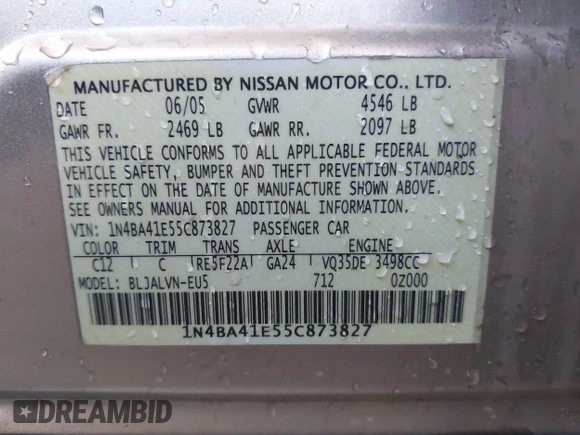 2005 Nissan Maxima SE with VIN 1N4BA41E55C873827, listed as a IAAI auction lot 42433330 with 173,473 mi miles and . Bid and sale history available at DreamBid. Image 9.