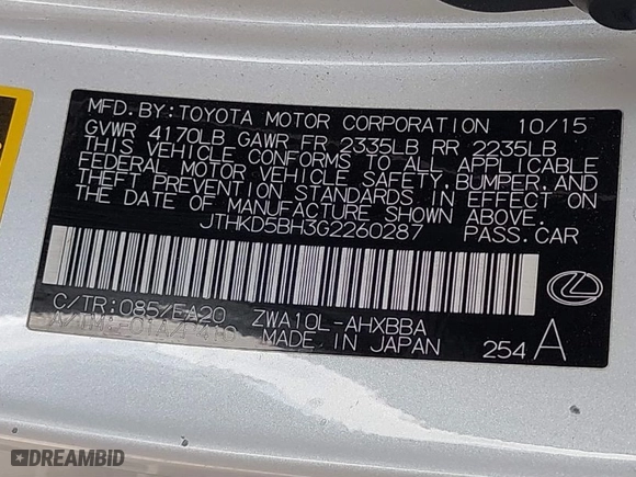2016 Lexus CT 200h Hybrid with VIN JTHKD5BH3G2260287, listed as a IAAI auction lot 41674397 with 131,771 mi miles. Bid and sale history available at carsss.com. Image 9.