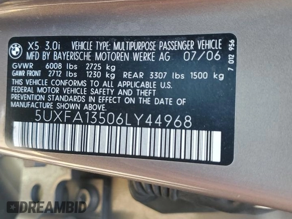 2006 BMW X5 3.0i with VIN 5UXFA13506LY44968, listed as a Copart auction lot 62812554 with 116,970 mi miles and Clean Title. Bid and sale history available at carsss.com. Image 13.