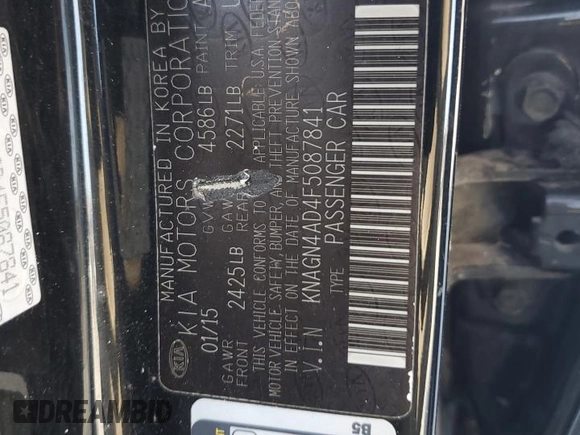 2015 Kia Optima EX with VIN KNAGN4AD4F5087841, listed as a Copart auction lot 52332315 with Not provided miles and Non repairable. Bid and sale history available at DreamBid. Image 12.