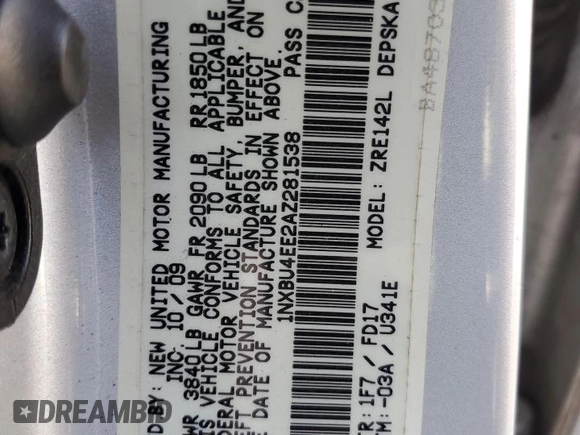 2010 Toyota Corolla z VIN 1NXBU4EE2AZ281538, wystawiony jako Copart lot #54864765 z przebiegiem 157 326 mil mil oraz Szkoda całkowita • Salvage title. Historia ofert i sprzedaży dostępna na DreamBid. Obrazek 12.