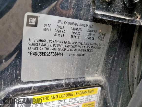 2011 Buick LaCrosse CXL with VIN 1G4GC5ED9BF364444, listed as a Copart auction lot 60605035 with 122,083 mi miles and Salvage title. Bid and sale history available at DreamBid. Image 13.