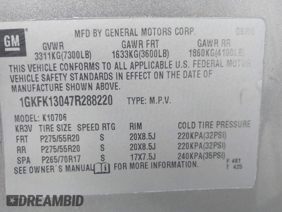 2007 GMC Yukon SLT with VIN 1GKFK13047R288220, listed as a IAAI auction lot 41579399 with 215,464 mi miles. Bid and sale history available at carsss.com. Image 9.