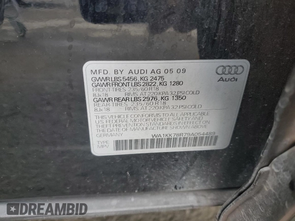 2009 Audi Q5 Premium Plus z VIN WA1KK78R79A054489, wystawiony jako Copart lot #51126435 z przebiegiem 201 730 mil mil oraz Szkoda całkowita • Salvage title. Historia ofert i sprzedaży dostępna na DreamBid. Obrazek 12.