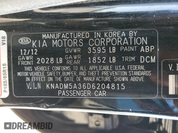 2013 Kia Rio LX with VIN KNADM5A36D6204815, listed as a Copart auction lot 52963475 with 96,880 mi miles and Clean Title. Bid and sale history available at carsss.com. Image 12.
