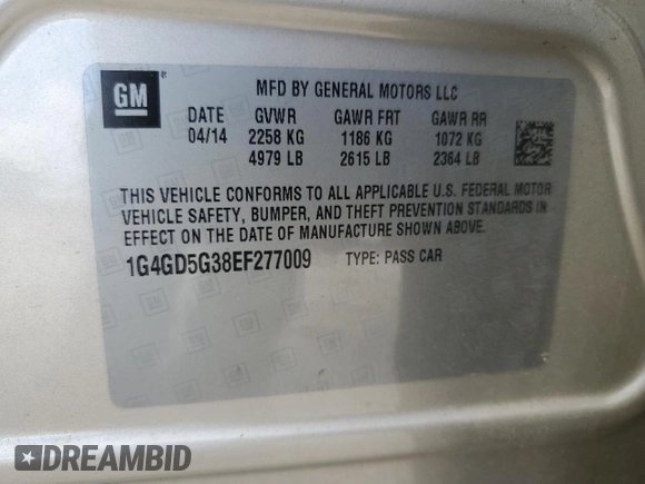 2014 Buick LaCrosse Premium I with VIN 1G4GD5G38EF277009, listed as a Copart auction lot 61078405 with 33,650 mi miles and Salvage title. Bid and sale history available at DreamBid. Image 13.