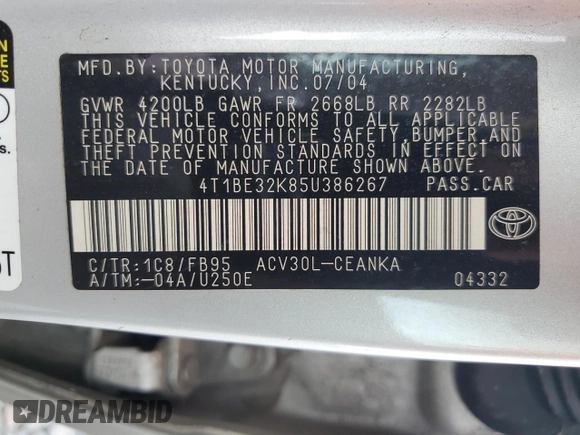 2005 Toyota Camry STD z VIN 4T1BE32K85U386267, wystawiony jako Copart lot #59219615 z przebiegiem 171 844 mil mil oraz Szkoda całkowita • Salvage title. Historia ofert i sprzedaży dostępna na DreamBid. Obrazek 13.