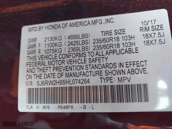 2017 Honda CR-V Touring with VIN 5J6RW2H95HL074264, listed as a IAAI auction lot 41974804 with 94,923 mi miles. Bid and sale history available at carsss.com. Image 9.