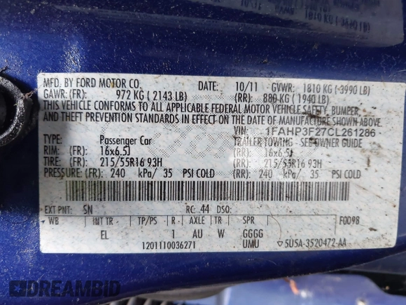 2012 Ford Focus SE с VIN 1FAHP3F27CL261286, выставлен на аукционе IAAI как лот 42521637 с пробегом 135 214 миль миль и . История ставок и продаж доступна на DreamBid. Изображение 9.