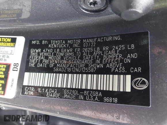2022 Lexus ES 350 z VIN 58ADZ1B12NU125587, wystawiony jako IAAI lot #41293742 z przebiegiem 52 570 mil mil oraz . Historia ofert i sprzedaży dostępna na DreamBid. Obrazek 9.