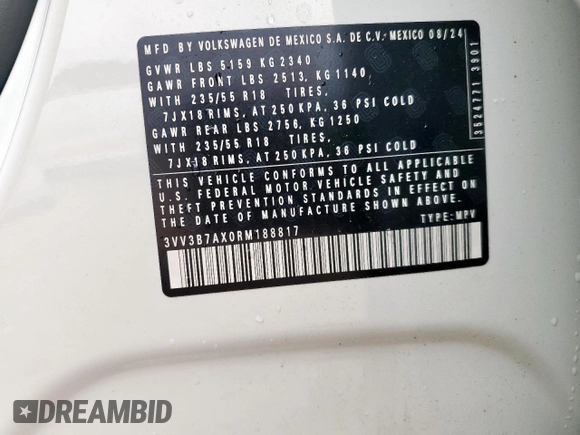 2024 Volkswagen Tiguan SE z VIN 3VV3B7AX0RM188817, wystawiony jako Copart lot #58040225 z przebiegiem 6 299 mil mil oraz Szkoda całkowita • Salvage title. Historia ofert i sprzedaży dostępna na DreamBid. Obrazek 13.