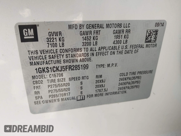 2015 GMC Yukon Denali with VIN 1GKS1CKJ5FR285199, listed as a IAAI auction lot 41763187 with 135,265 mi miles. Bid and sale history available at carsss.com. Image 9.