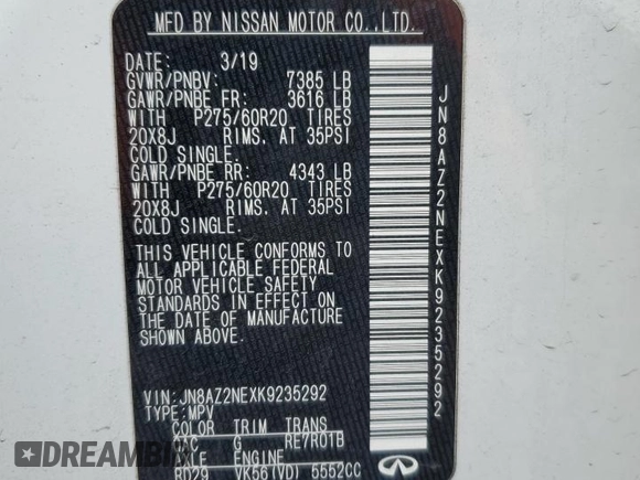 2019 Infiniti QX80 Luxe z VIN JN8AZ2NEXK9235292, wystawiony jako Copart lot #55611985 z przebiegiem 61 988 mil mil oraz Szkoda całkowita • Salvage title. Historia ofert i sprzedaży dostępna na DreamBid. Obrazek 13.