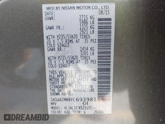 2015 Nissan Pathfinder Platinum with VIN 5N1AR2MN8FC693981, listed as a IAAI auction lot 42145556 with 161,142 mi miles and . Bid and sale history available at DreamBid. Image 9.