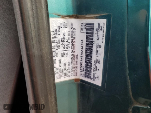 1996 Ford F-150 with VIN 1FTEF14N6TNA12743, listed as a Copart auction lot 84621234 with 169,102 mi miles and Salvage title. Bid and sale history available at DreamBid. Image 12.