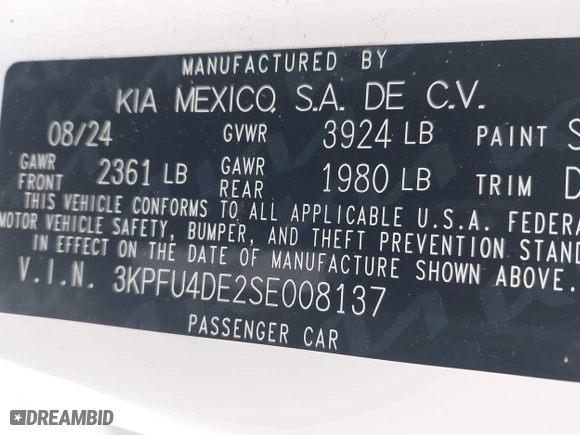 2025 Kia K4 EX with VIN 3KPFU4DE2SE008137, listed as a IAAI auction lot 41292373 with 1 mi miles. Bid and sale history available at carsss.com. Image 9.