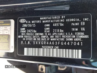 2015 Kia Optima SX Turbo with VIN 5XXGR4A63FG447041, listed as a IAAI auction lot 41812337 with 177,868 mi miles. Bid and sale history available at carsss.com. Image 9.