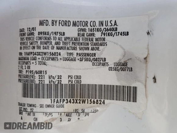 2002 Ford Focus SE with VIN 1FAFP343X2W156824, listed as a Copart auction lot 54834615 with 248,849 mi miles and Salvage Title. Bid and sale history available at carsss.com. Image 12.