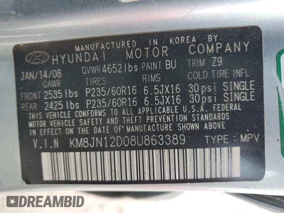 2008 Hyundai Tucson SE with VIN KM8JN12D08U863389, listed as a Copart auction lot 76446864 with 124,654 mi miles and Salvage Title. Bid and sale history available at carsss.com. Image 13.