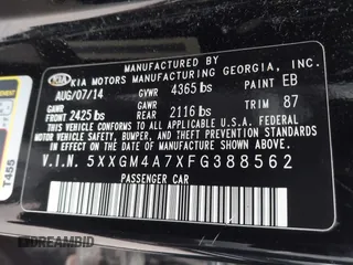 2015 Kia Optima LX with VIN 5XXGM4A7XFG388562, listed as a IAAI auction lot 41937822 with 136,764 mi miles. Bid and sale history available at carsss.com. Image 9.