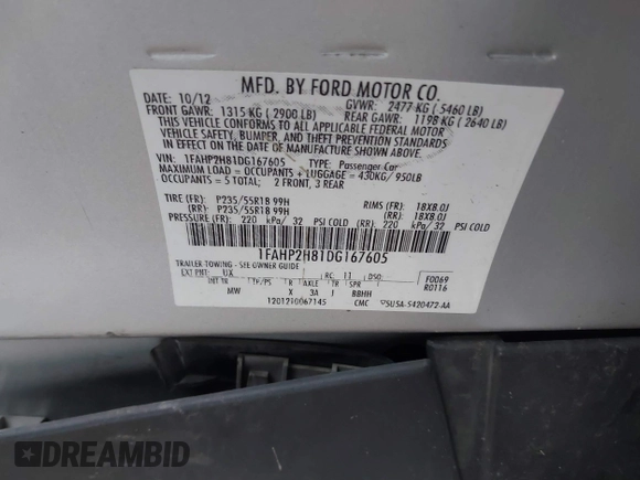 2013 Ford Taurus SEL with VIN 1FAHP2H81DG167605, listed as a IAAI auction lot 41084850 with 85,441 mi miles and . Bid and sale history available at DreamBid. Image 9.