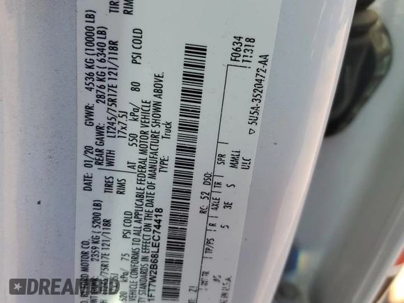 2020 Ford F-250 XL with VIN 1FT7W2B68LEC74418, listed as a Copart auction lot 46545705 with 32,946 mi miles and Salvage title. Bid and sale history available at DreamBid. Image 12.