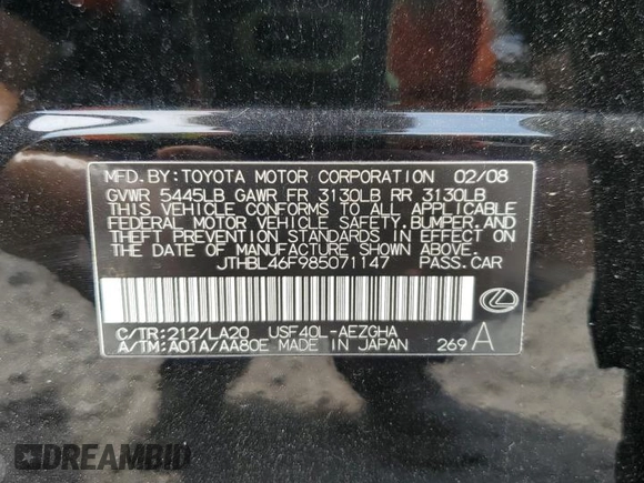 2008 Lexus LS 460 with VIN JTHBL46F985071147, listed as a Copart auction lot 61249795 with 104,373 mi miles and Salvage title. Bid and sale history available at DreamBid. Image 12.