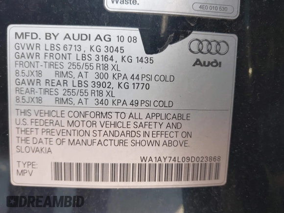 2009 Audi Q7 with VIN WA1AY74L09D023868, listed as a IAAI auction lot 41308776 with 176,541 mi miles and . Bid and sale history available at DreamBid. Image 9.
